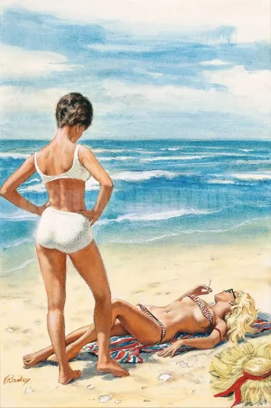 It's the cover art for Pagan Summer — a 1965 lesbian pulp novel — complete with hot woman lying on the hot sand, in the, well, hot sun