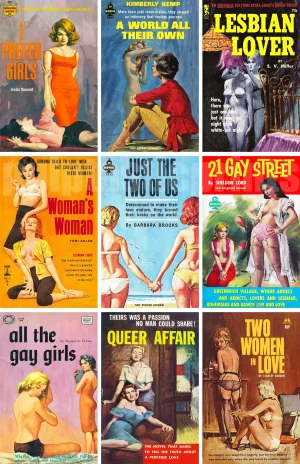 ONE poster showing a selection of 9 of the most evocative lesbian pulp paperback covers all in one print